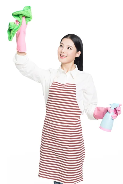 Jeune femme nettoyage sur blanc — Photo