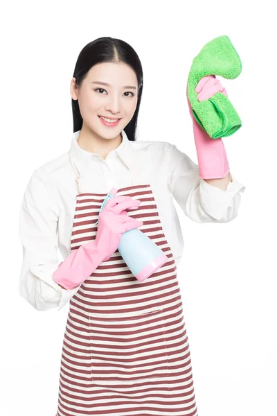 Young woman cleaning on white — Stock Photo, Image