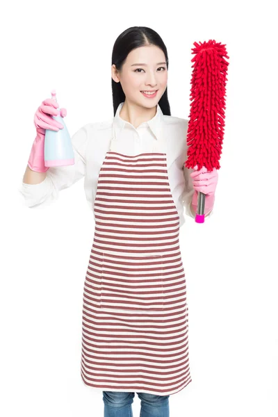 Young woman cleaning on white — Stock Photo, Image