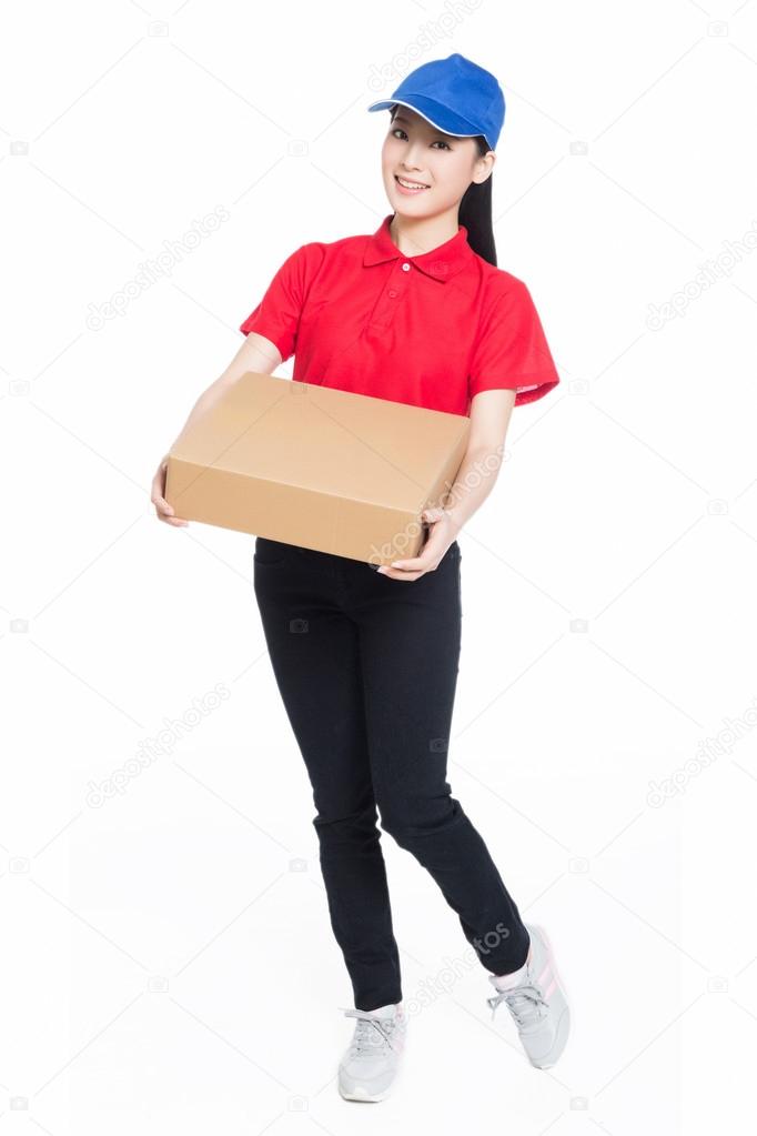 delivery woman carrying cardboard box
