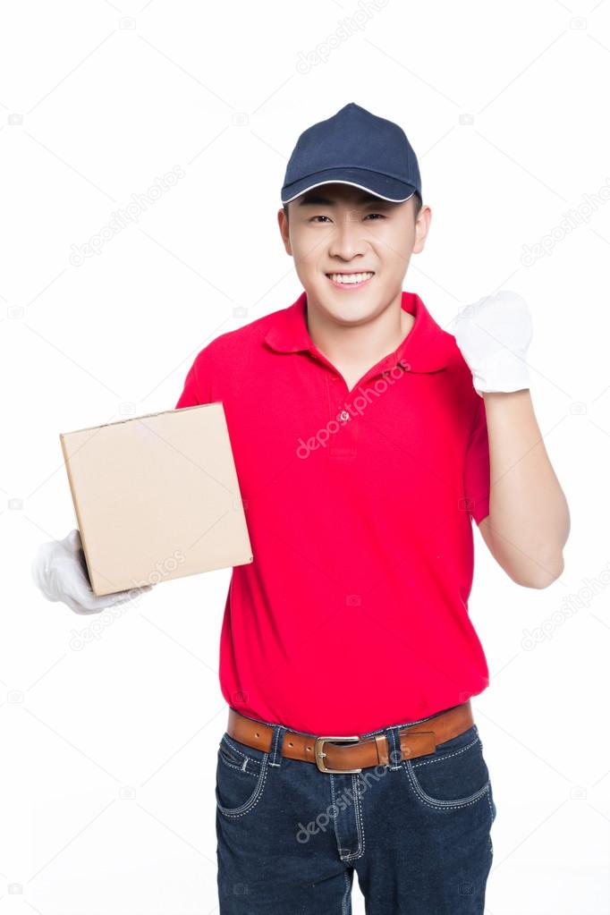 delivery man carrying cardboard box