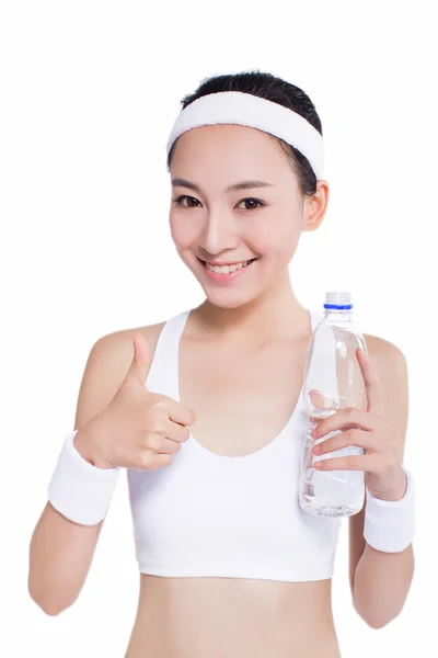 Healthy asian woman with towel and water bottle — Stock Photo, Image