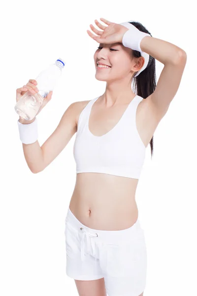 Healthy asian woman with towel and water bottle — Stock Photo, Image