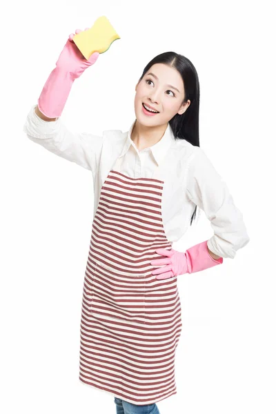 Young woman cleaning on white — Stock Photo, Image