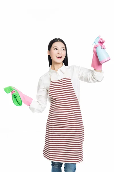 Jovem mulher limpeza no branco — Fotografia de Stock