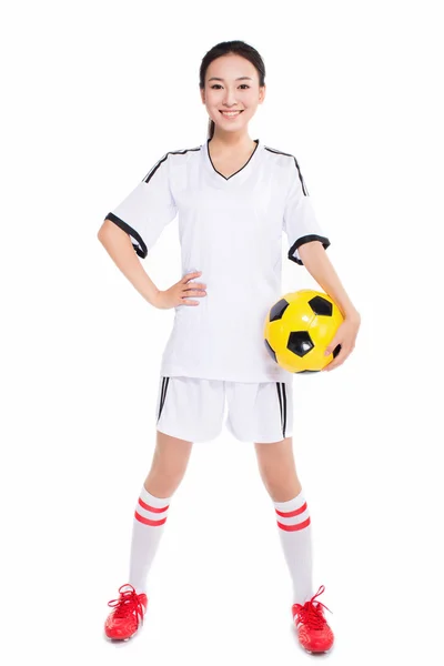 Frau mit Fußball — Stockfoto