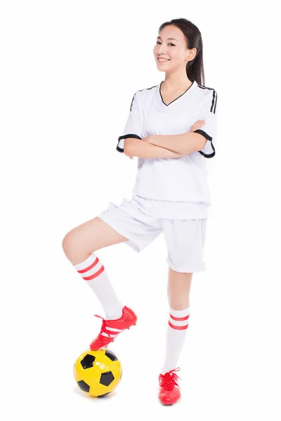 Vrouw met voetbal — Stockfoto