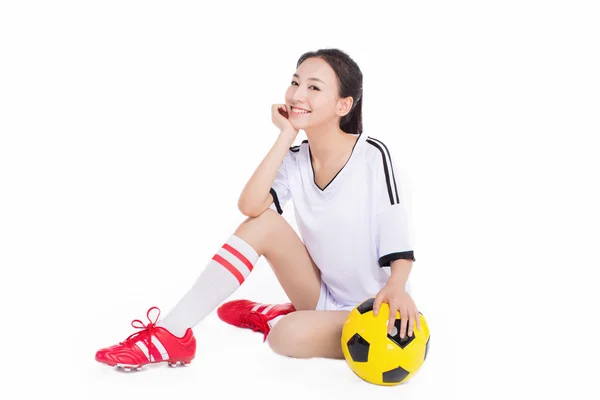 Mujer con pelota de fútbol — Foto de Stock