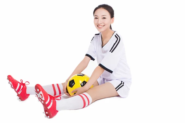 Frau mit Fußball — Stockfoto