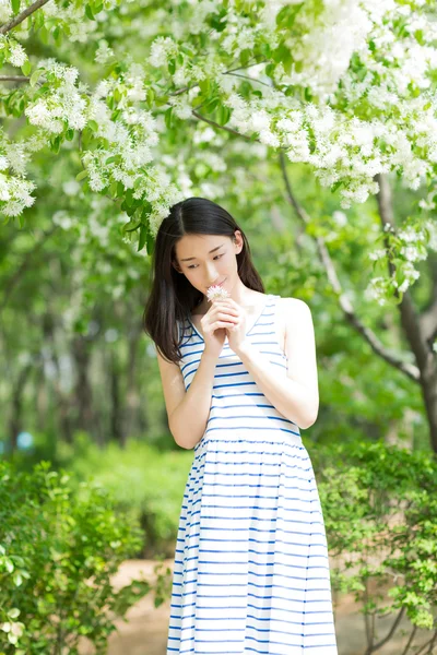 Pretty girl holding a flower — Stock Photo, Image