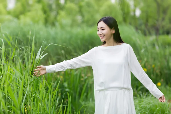 Frau in weißem Kleid Sommer inmitten von Schilf — Stockfoto