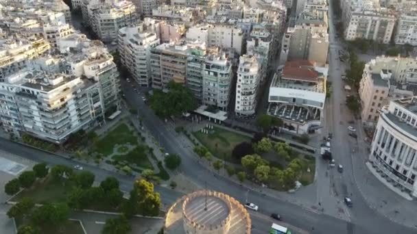 Aerial Footage White Tower Thessaloniki City Morning Time — Stock Video