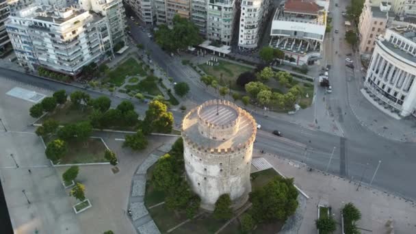 Flygbilder White Tower Thessaloniki Stad Morgon Tid — Stockvideo