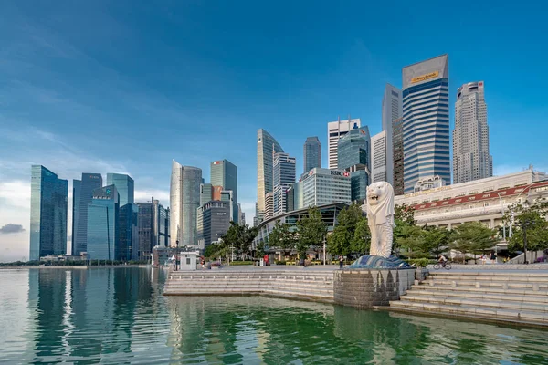 Singapur Miasto Świetle Poranka Merlion Statua — Zdjęcie stockowe