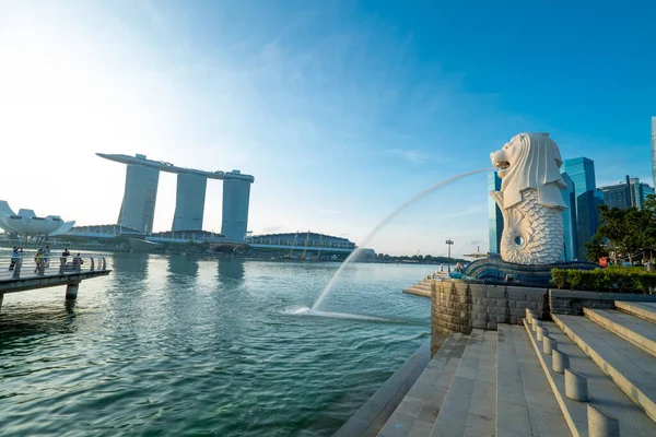 Singapur Miasto Świetle Poranka Merlion Statua — Zdjęcie stockowe