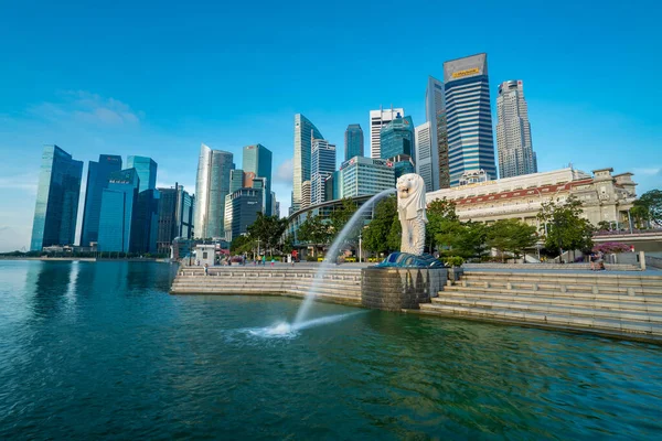 Singapur Miasto Świetle Poranka Merlion Statua — Zdjęcie stockowe