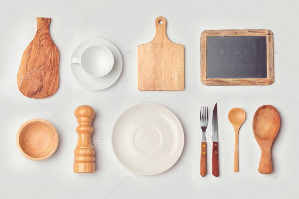 Kitchen mock up template with organized cooking objects. View from above