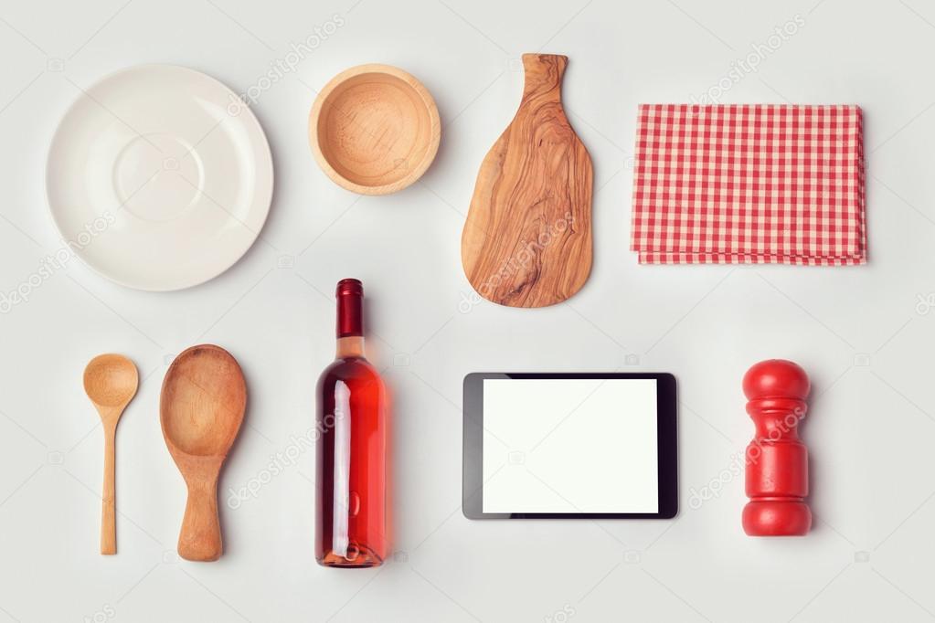 Restaurant mock up template with organized objects. View from above