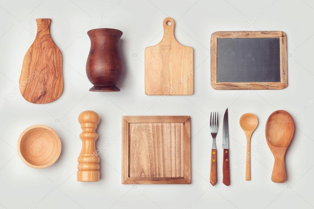 Kitchen mock up template with wooden cooking objects. View from above