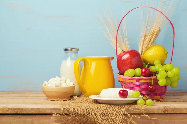 Fruits, milk and cheese on table — Stock Photo, Image