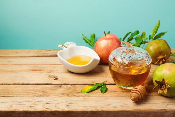 Honey jar, äpple och granatäpplen — Stockfoto