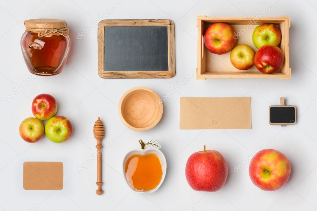 honey jar, apples and chalkboard