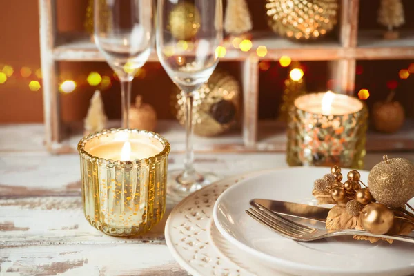 Festive Table Setting Christmas Holiday Celebration Plate Candle Decorations — Stock Photo, Image