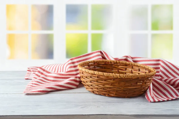 Empty Basket Striped Tablecloth Window Background Food Product Display Mock — Stock Photo, Image