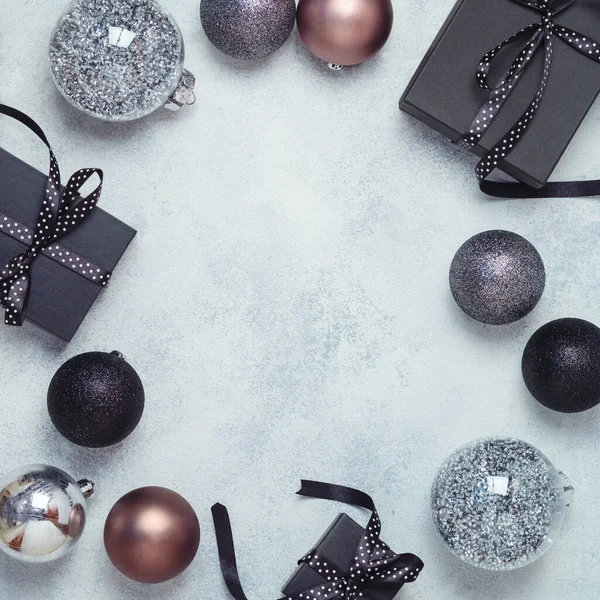 Fondo Navidad Con Cajas Regalo Negras Decoraciones — Foto de Stock