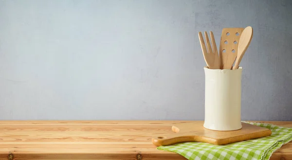 Kitchen Utensils Tablelcoth Wooden Table Kitchen Interior Spring Background — Stock Photo, Image