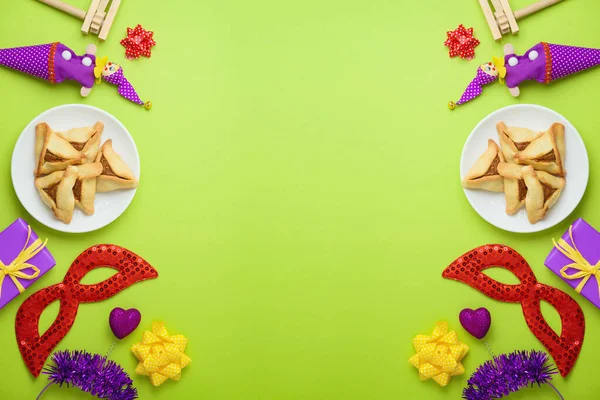 Joodse Vakantie Purim Concept Met Carnaval Masker Hamantaschen Koekjes Groene — Stockfoto