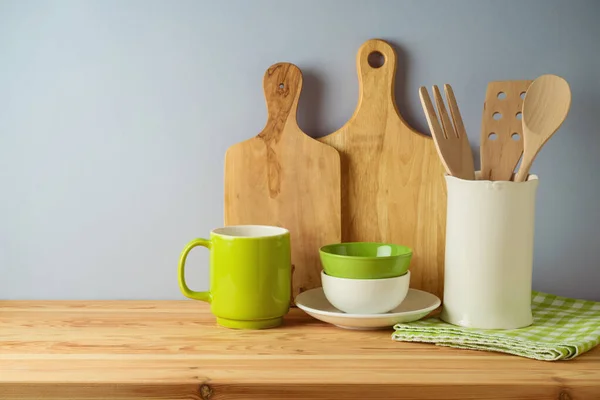 Kitchen Utensils Dishware Wooden Table Kitchen Interior Spring Background — Stock Photo, Image