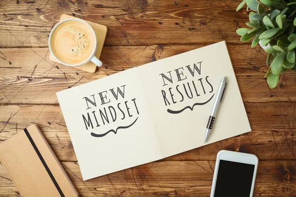 New mindset and new results text on notebook on wooden table with coffee cup and smartphone Business concept of positive thinking and motivation