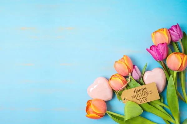 Happy Mother Day Concept Beautiful Tulip Flowers Heart Shape Wooden — Stock Photo, Image