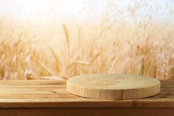 Empty Wooden Log Rustic Table Wheat Field Background Jewish Holiday — Stock Photo, Image