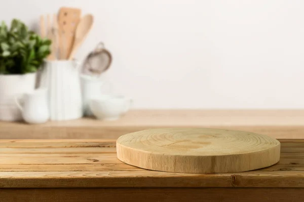 Torno Madeira Vazio Mesa Rústica Sobre Fundo Prateleira Cozinha Mock — Fotografia de Stock