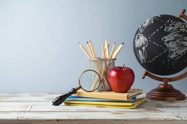 Back School Concept Pencils Apple Globe Wooden Table — Stock Photo, Image