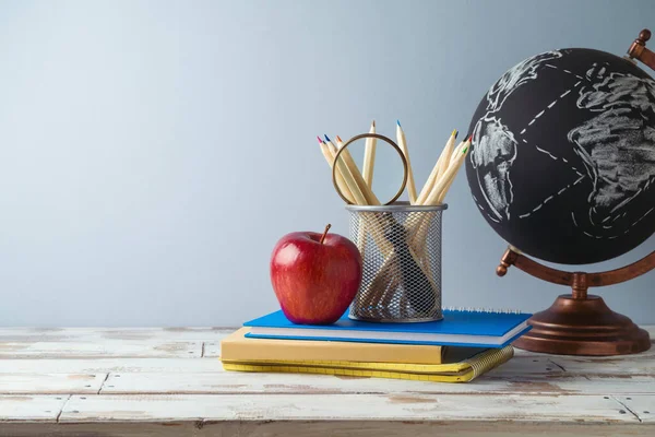 Back School Concept Pencils Apple Globe Wooden Table — Stock Photo, Image