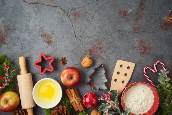 Navidad Cocina Vacaciones Fondo Para Hornear Con Utensilios Cocina Ingredientes — Foto de Stock