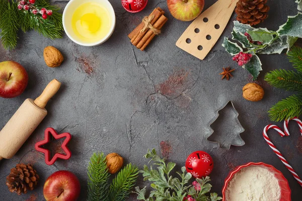 Vacanze Natale Cottura Cottura Sfondo Con Utensili Cucina Iingredients Ornamenti — Foto Stock