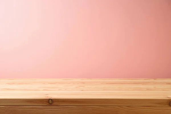 Prázdný Dřevěný Stůl Přes Růžové Pozadí Stěny Interiér Maketa Pro — Stock fotografie