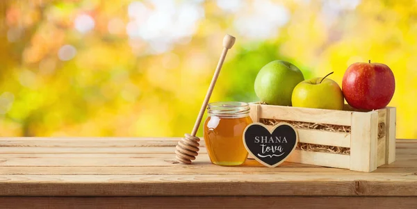 Jewish Holiday Rosh Hashana Concept Honey Jar Apples Wooden Table — Stock Photo, Image