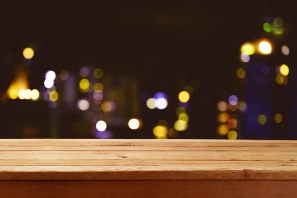 Empty Wooden Table Abstract Blurred Restaurant Lights Background Mock Design — Stock Photo, Image