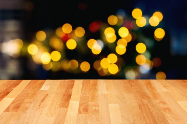 Empty Wooden Table Abstract Blurred Restaurant Lights Background Mock Design — Stock Photo, Image
