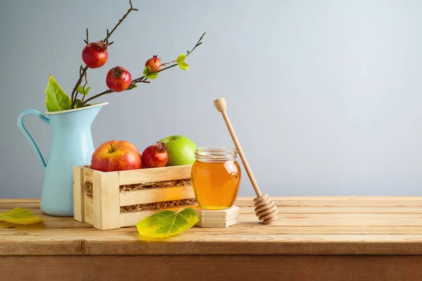 Joodse Vakantie Rosh Hashana Achtergrond Met Honing Pot Appels Houten — Stockfoto