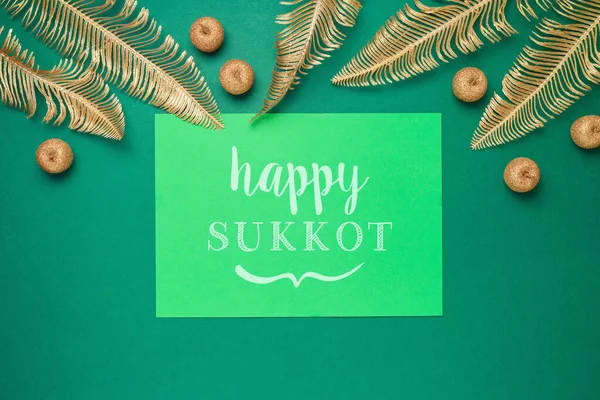 Judío Concepto Vacaciones Sukkot Con Decoraciones Sobre Fondo Verde —  Fotos de Stock