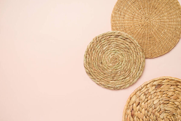 Trendy room decor with eco friendly boho style rattan shapes background