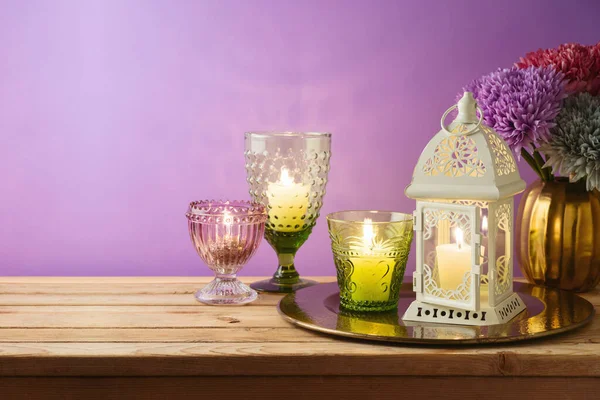 Diwali Concepto Vacaciones Con Velas Decoración Mesa Madera — Foto de Stock