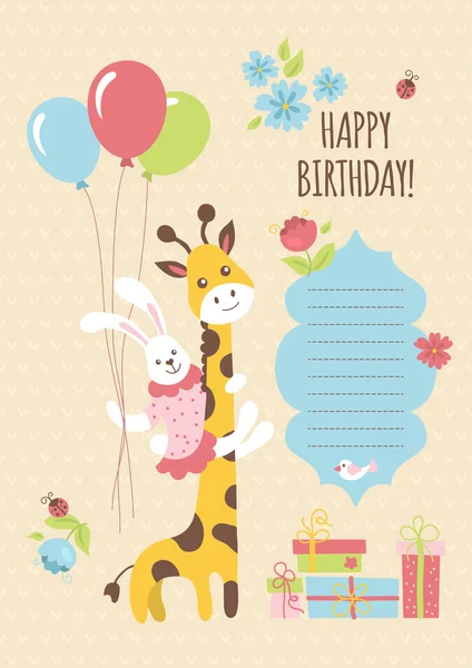 Birhtday card with giraffe and bunny — Stock Vector