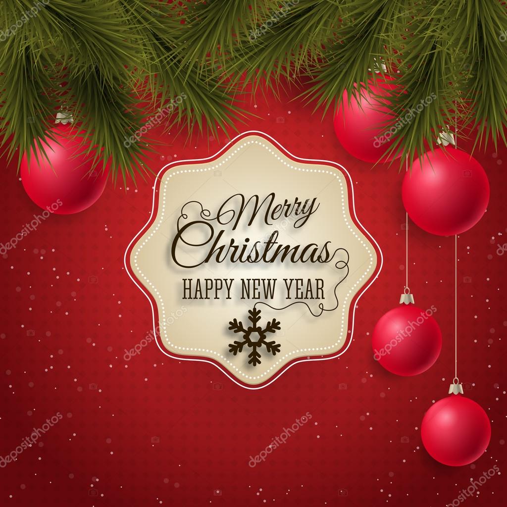 Christmas holiday background with fir tree and baubles decorations. Vector illustration